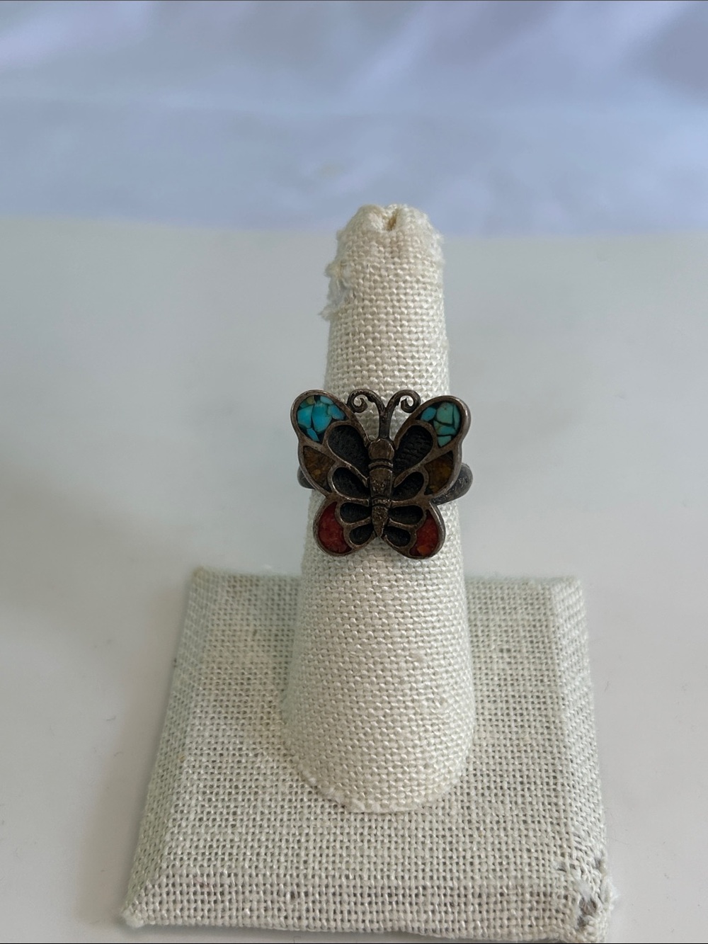 Vintage Sterling Silver Multi Stone Inlay Butterfly Ring Size 7 Adjustable